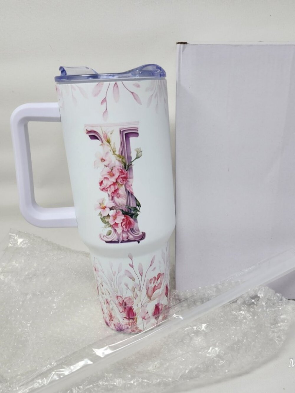 Initial "I" Letter Tumbler with Handle, Lid & Straw 40 Oz.